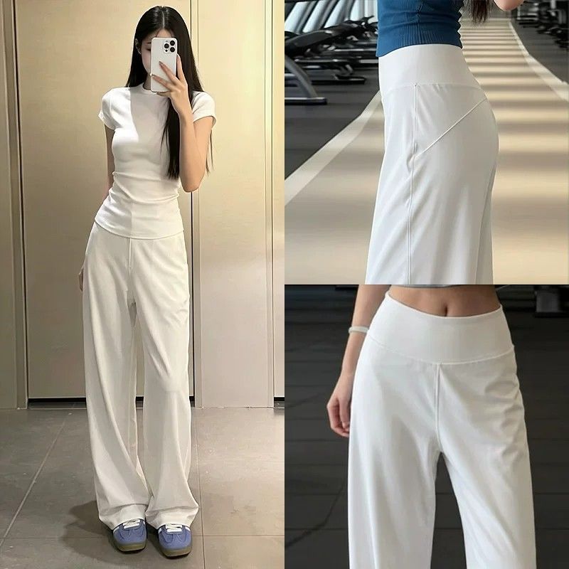 白色速干健身瑜伽裤女夏薄款提臀显瘦训练直筒长裤冰丝阔腿运动裤