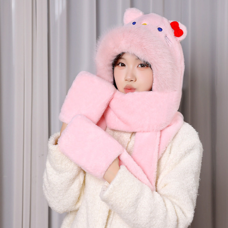 冬天帽子围脖一体2025新款保暖加厚防风防寒帽毛绒围巾手套三件套