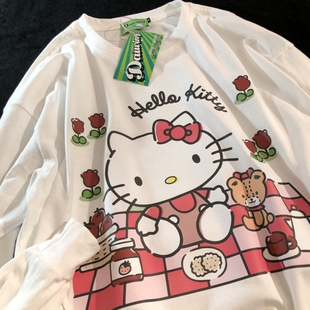 Daiwing 九月的前奏 早秋chic上衣男女生卡通可爱猫咪情侣长袖T恤