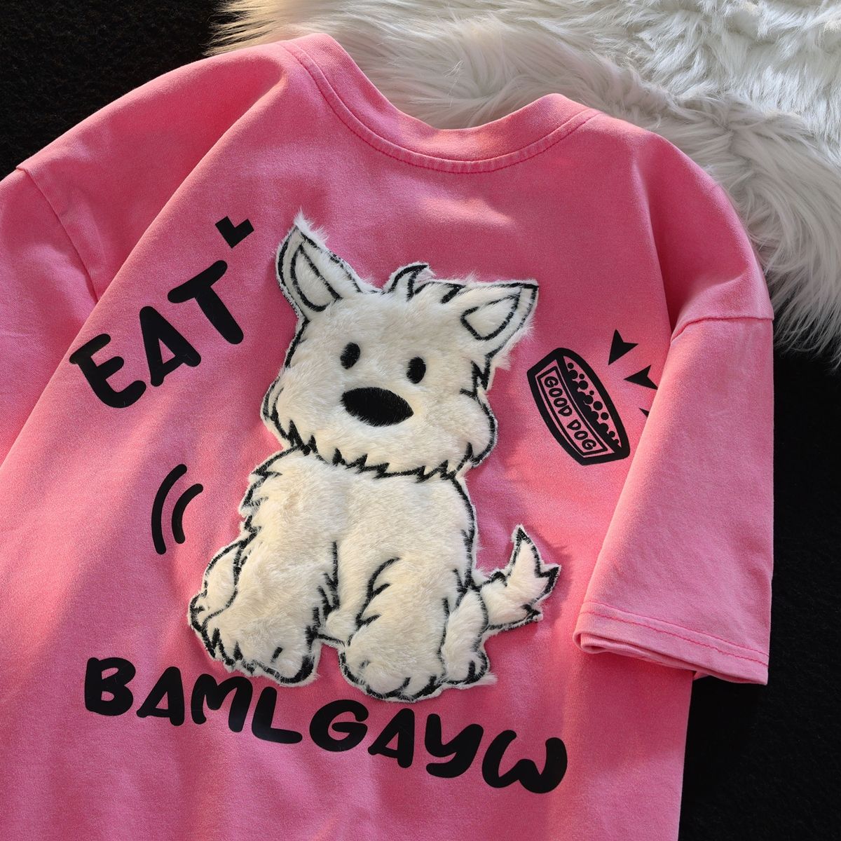 Daiwing 美式卡通可爱小狗情侣宽松短袖t恤夏季毛巾绣男女ins半袖