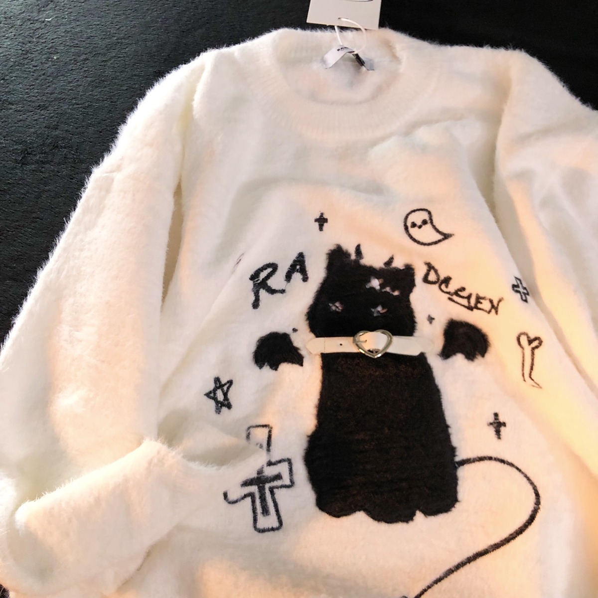 Daiwing 请一直做我的月亮 美式马海毛猫咪刺绣薄毛衣情侣针织衫