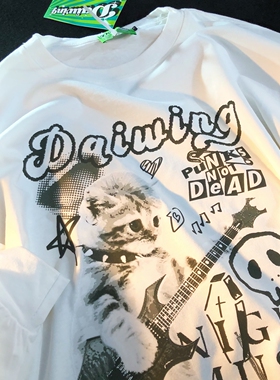 Daiwing 不丢掉白天的太阳 秋季摇滚猫咪搞怪卡通情侣宽松长袖t恤