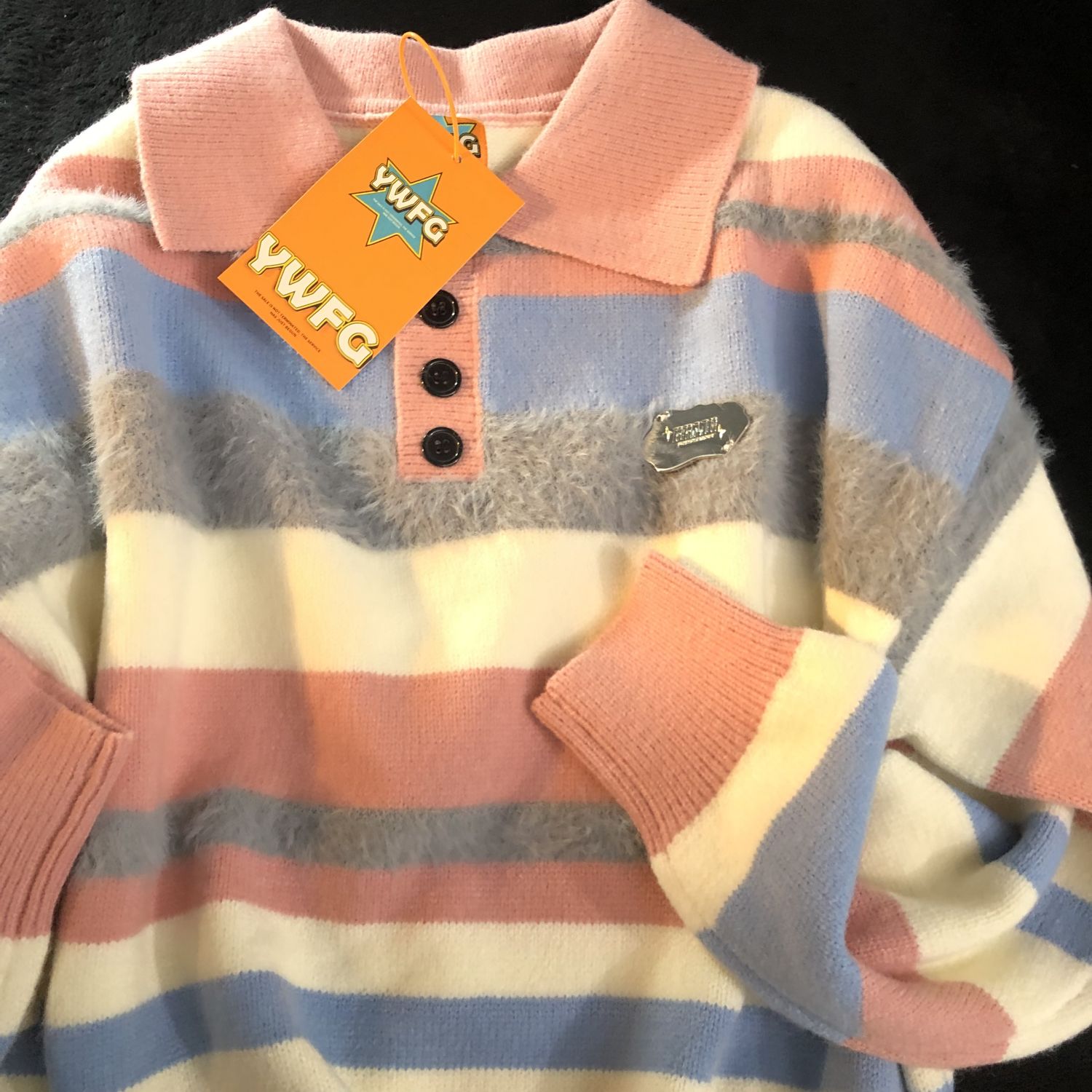 Daiwing条纹慵懒拼色POLO针织衫