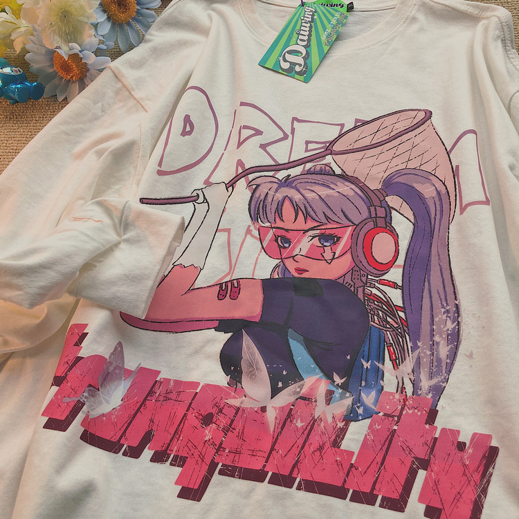 Daiwing 日系复古卡通二次元圆领长袖oversize上衣潮休闲宽松T恤