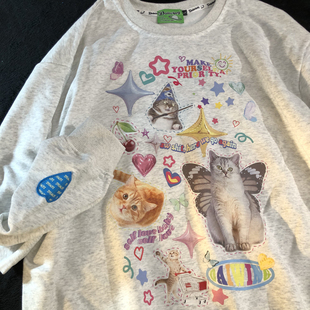 Daiwing 让我帮你升温 早秋chic上衣男女生可爱猫咪情侣圆领卫衣