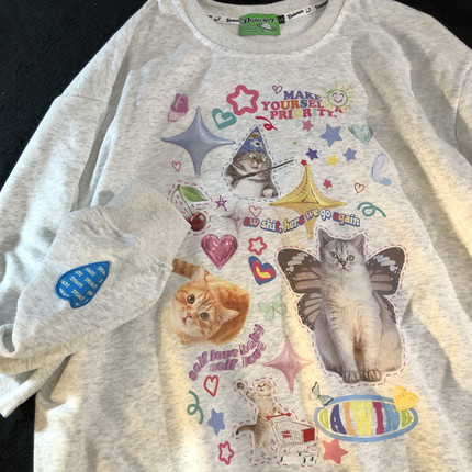 Daiwing 让我帮你升温 早秋chic上衣男女生可爱猫咪情侣圆领卫衣