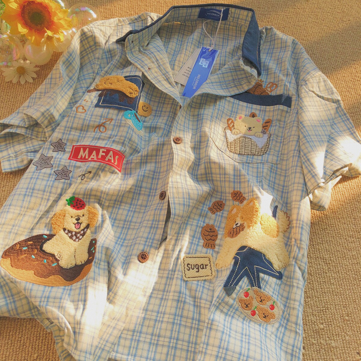 Daiwing 卡通风小熊刺绣格子短袖衬衫男女通用宽松翻领纯棉上衣