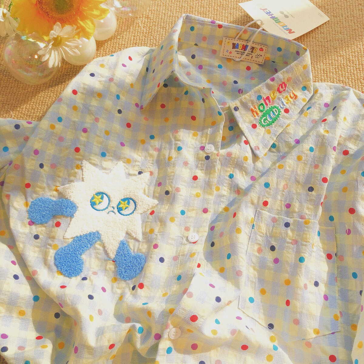 Daiwing 美式卡通风波点刺绣衬衫男女夏季情侣款宽松百搭休闲衬衣