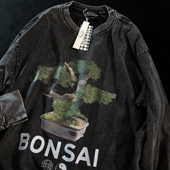 耳机分你一个 秋季 古着上衣美式 Daiwing 做旧重磅洗水情侣长袖 T恤