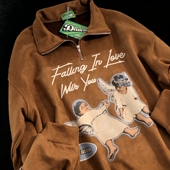 Daiwing 麂皮绒卡通小天使情侣POLO衫 浪漫降落 早秋chic上衣美式