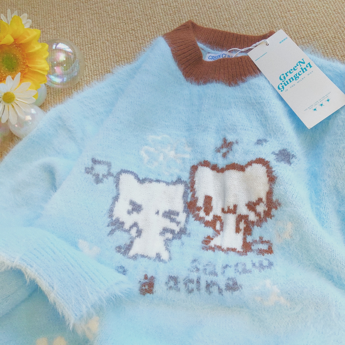 Daiwing 落日余晖 秋冬水貂绒条纹围巾宅萌猫咪慵懒甜妹针织毛衣