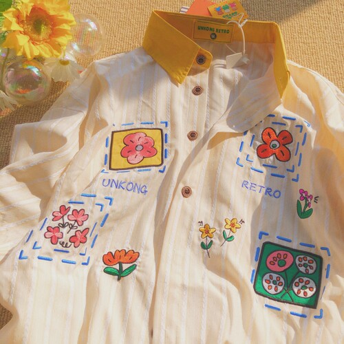 Daiwing 日系复古卡通花朵刺绣短袖衬衫男夏季宽松条纹休闲衬衣