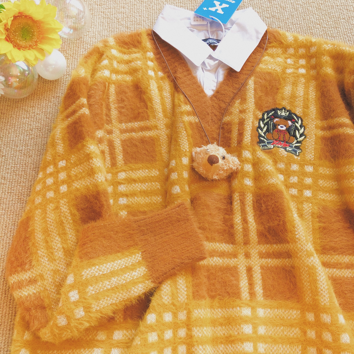 Daiwing 心跳不止 秋冬学院风男女生假两件软糯款式格纹针织毛衣