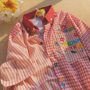 男女POLO领宽松韩系甜美上衣 衬衫 Daiwing 童趣风刺绣格子拼接短袖