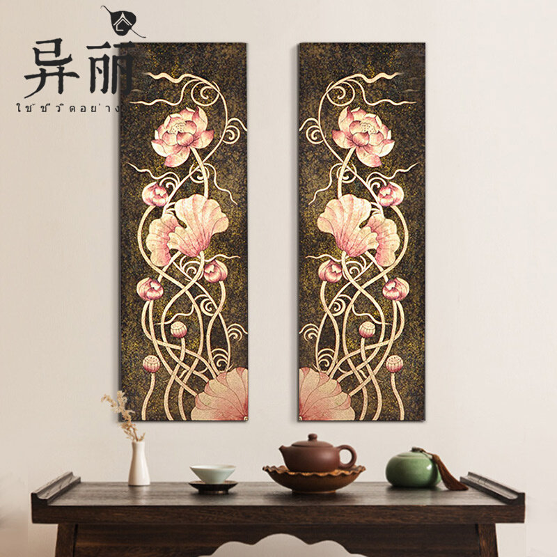 速发东南亚手绘油画泰式玄关走廊壁画客厅创意挂画过道竖版金箔荷