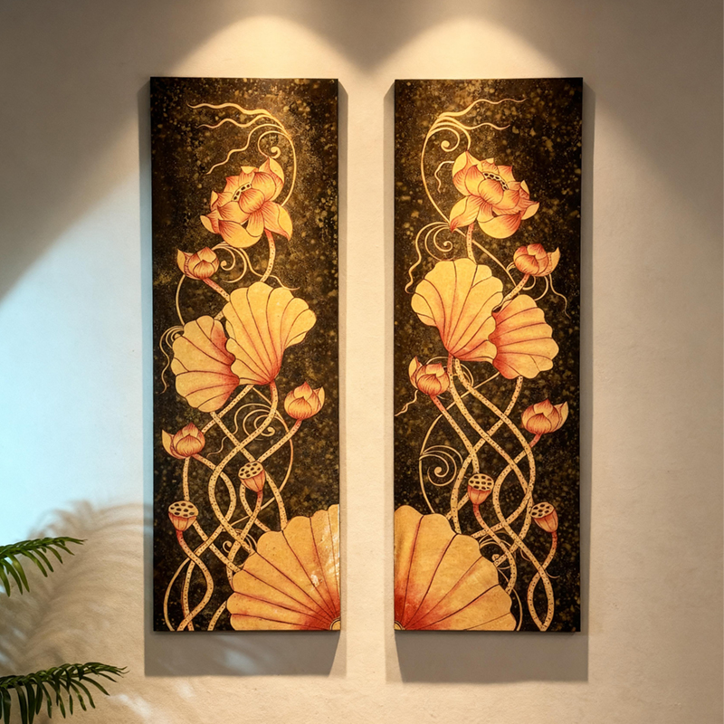 异丽东南亚手绘油画泰式玄关走廊客厅创意装饰画过道金箔荷花挂画图片