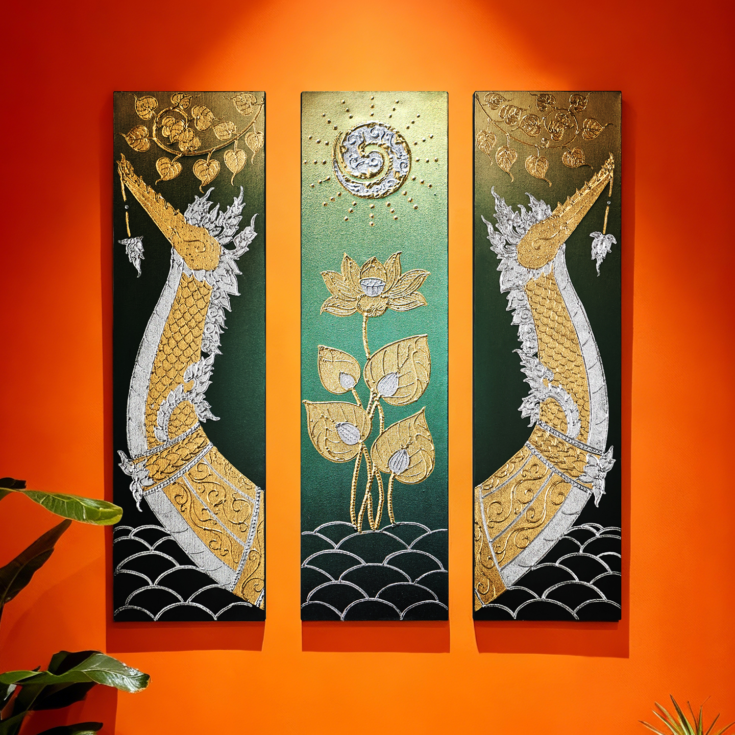 泰国手工描金壁画娜迦菩提叶莲花三联装饰画客厅玄关轻奢艺术挂饰
