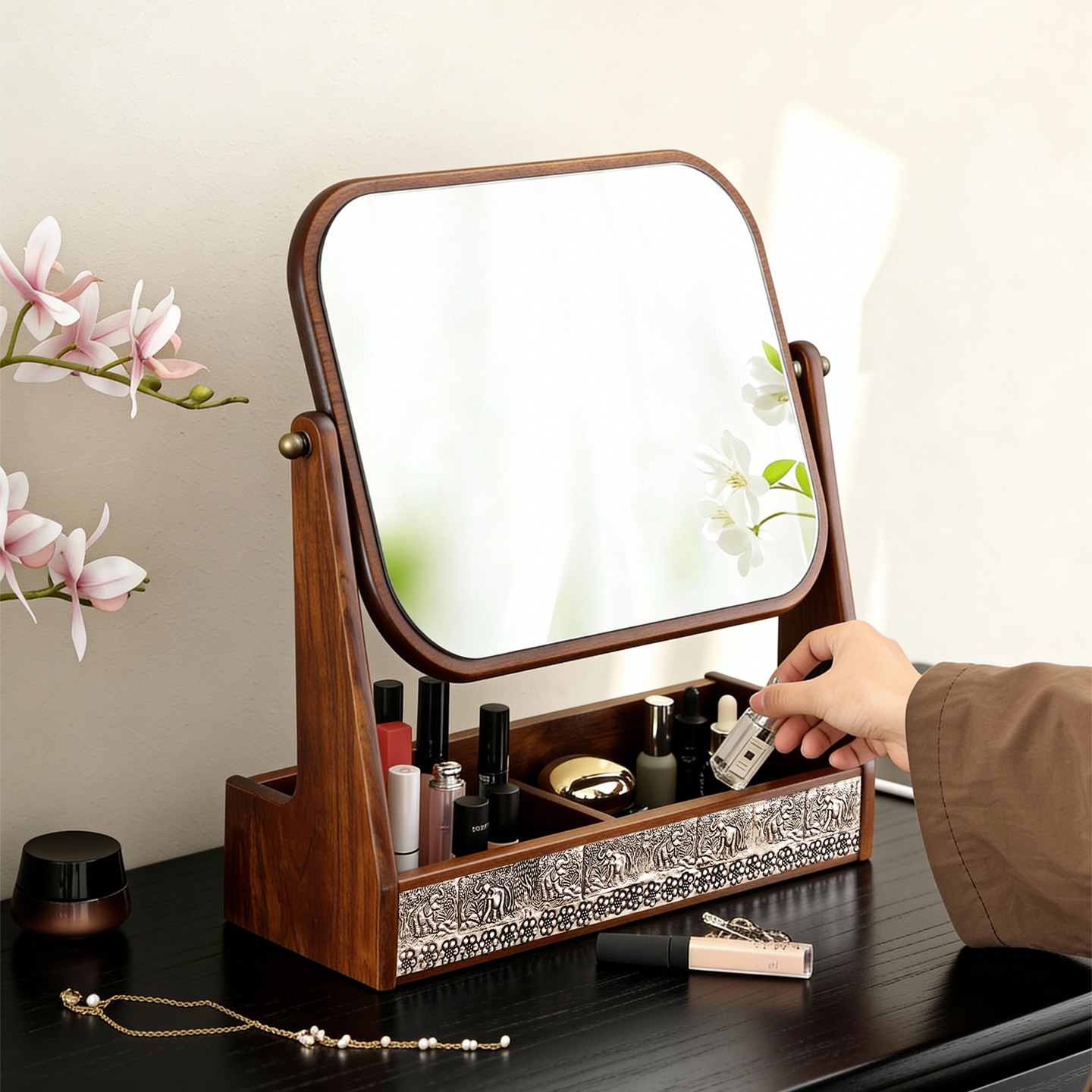 异丽实木桌面化妆镜收纳盒一体柚木卧室复古梳妆台镜子360度旋转