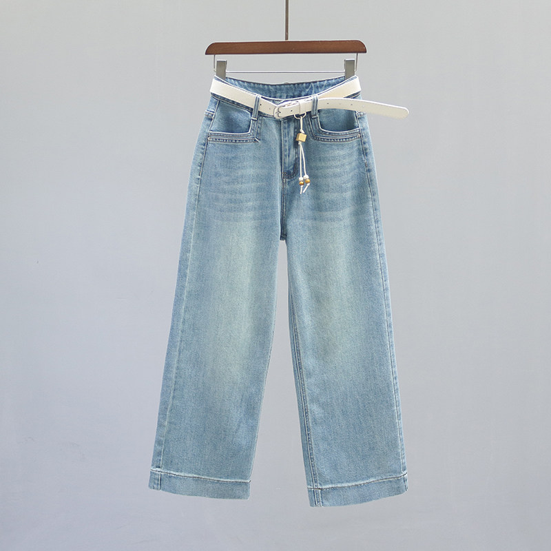 2026春季新款复古高腰直筒牛仔裤女宽松浅蓝色小个子窄版九分裤子