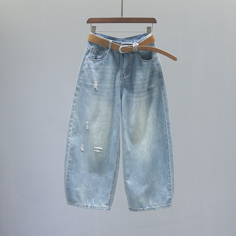 高腰破洞弯刀牛仔裤女2026春夏复古百搭宽松浅蓝色九分阔腿气球裤