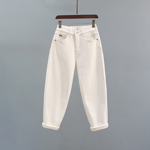 加绒加厚宽松哈伦萝卜裤 米白色半松紧腰老爹牛仔裤 女2025秋冬新款
