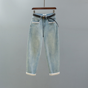 浅蓝色高腰哈伦牛仔裤 女2025秋冬复古加绒加厚宽松休闲老爹萝卜裤
