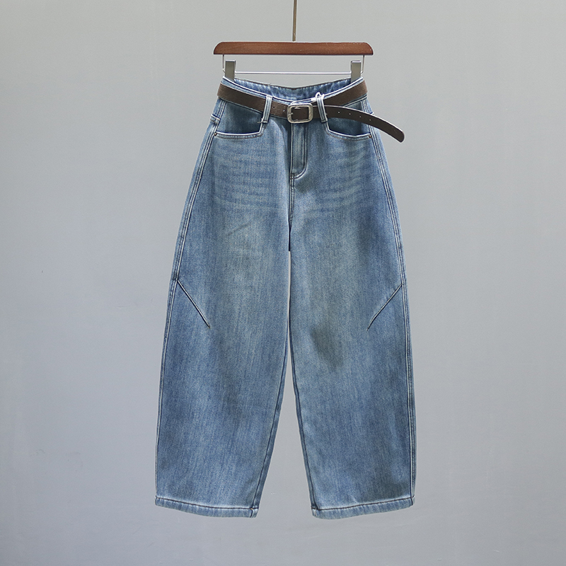 浅蓝色高腰老爹弯刀牛仔裤女秋冬加绒加厚宽松休闲阔腿显瘦镰刀裤