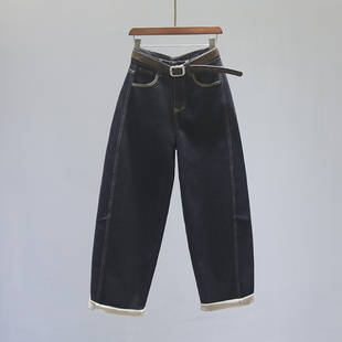 女设计感薄绒宽松休闲老爹阔腿镰刀裤 2025秋冬新款 高腰弯刀牛仔裤