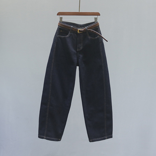 女单宁蓝宽松休闲薄绒阔腿老爹香蕉裤 2025秋冬新款 高腰弯刀牛仔裤