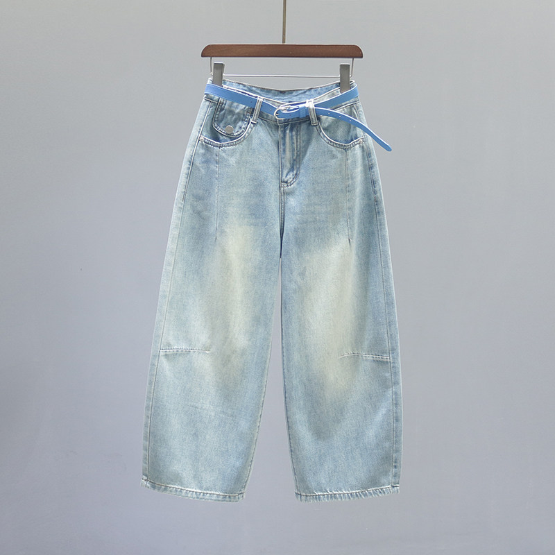 复古浅蓝色高腰阔腿弯刀牛仔裤女2026夏季宽松休闲百搭九分镰刀裤