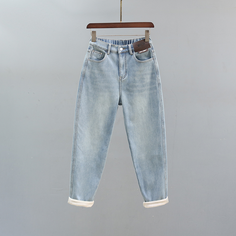 加绒加厚高腰哈伦牛仔裤女2025秋冬新款浅蓝色复古宽松小脚萝卜裤