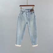 浅蓝色复古宽松小脚萝卜裤 加绒加厚高腰哈伦牛仔裤 女2025秋冬新款