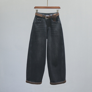 黑灰色高腰老爹牛仔裤 女秋冬加绒加厚宽松休闲弯刀阔腿百搭镰刀裤