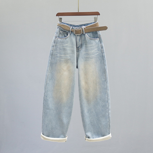 复古浅蓝色高腰老爹牛仔裤 女2025秋冬加绒加厚宽松休闲香蕉镰刀裤