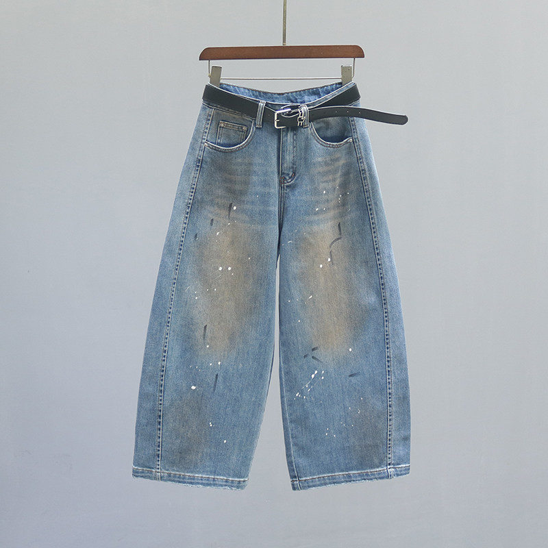 复古高腰弯刀牛仔裤女2026春季个性涂鸦小个子九分阔腿香蕉镰刀裤