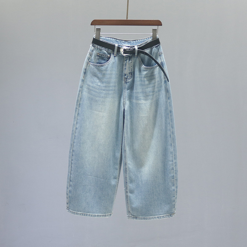 复古浅蓝色高腰直筒牛仔裤女2026春夏宽松休闲八分弯刀阔腿气球裤