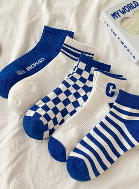 袜子女春秋纯棉短筒袜克莱因蓝短袜女款蓝色条纹运动防臭棉袜吸汗