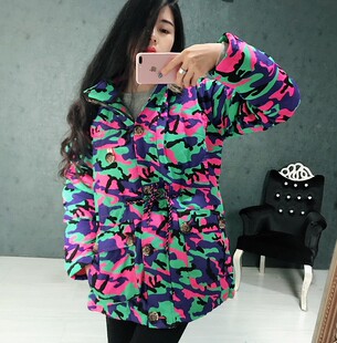 连帽中长款棉衣外套女衣服冬季新款韩版迷彩加厚羽绒棉袄潮