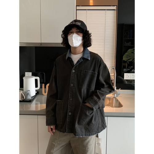 复古工装黑色多口袋牛仔外套男
