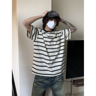 潮流街头男女t恤衫 UPDAYWANG夏季 T恤 复古条纹短袖 冲 bi备