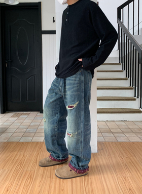 UPDAYWANG撞色补丁破洞牛仔裤 直筒宽松休闲重磅男牛仔裤 潮流