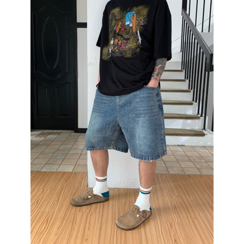 UPDAYWANG复古抽绳牛仔五分裤男