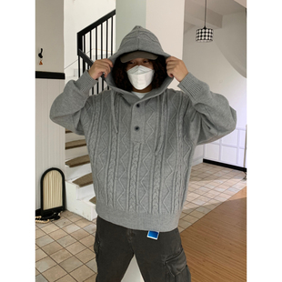 UPDAYWANG连帽厚实保暖麻花毛衣 宽松复古潮流针织衫纯色可单外套