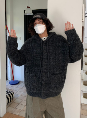 UPDAYWANG圈圈纱 两色厚实保暖连帽毛线衫大纽扣设计复古毛衣男女