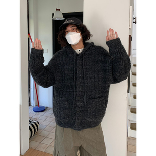 UPDAYWANG圈圈纱 两色厚实保暖连帽毛线衫大纽扣设计复古毛衣男女