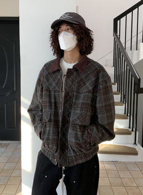 UPDAYWANG巴恩风 格子宽松男夹克 潮流美式复古中性风混搭外套