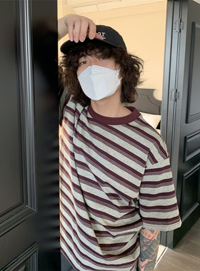 UPDAYWANG夏季bi备复古条纹双色男短袖T恤 男女同款圆领小众t恤衫