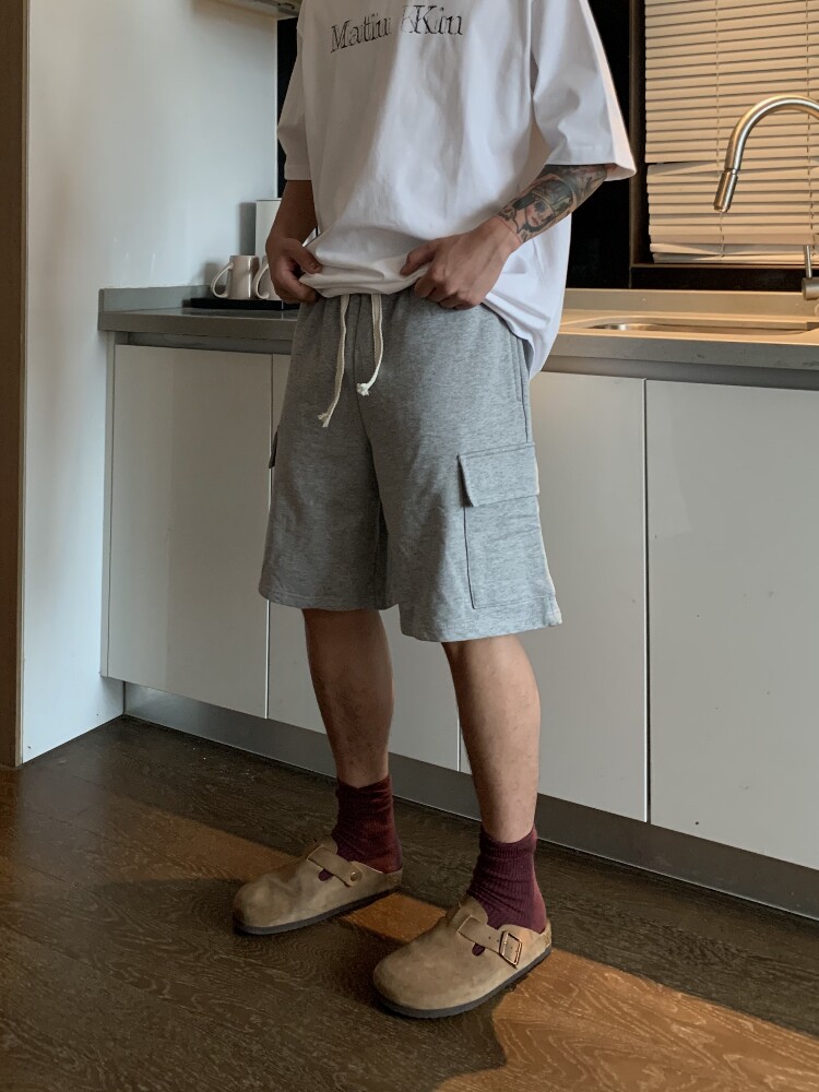 UPDAYWANG三色针织短裤 复古宽松休闲百搭街头工装口袋设计中裤潮