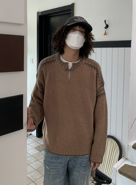 UPDAYWANG圆领复古百搭男毛衣 气质潮流宽松老钱风针织衫