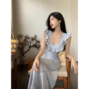 新款 韩式 蓝色碎花连衣裙子女夏季 精美法式 海边度假 浪漫温柔小飞袖